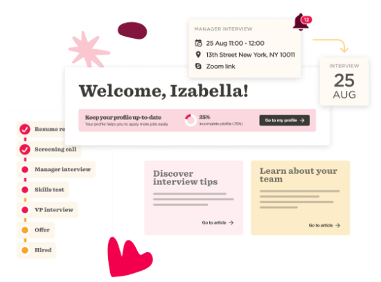 Welcome screen for job interview platform with profile progress, interview schedule, and helpful tips for applicants. welcome, interview-tips