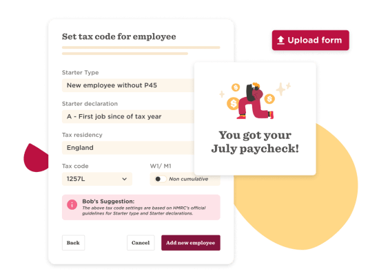 tax code settings for new employees, July paycheck notification with character and payment icons