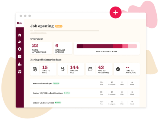 job opening overview displaying applications, hiring efficiency, and time metrics in a user-friendly interface, recruitment dashboard with statistics