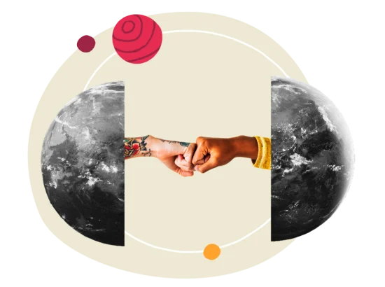 hands punching fists, earth and planets symbolizing unity and collaboration
