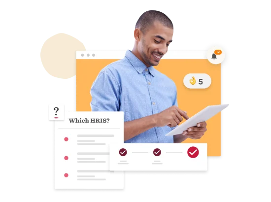 man using a tablet for HRIS research with a checklist and notifications displayed, HRIS interface with user engagement elements