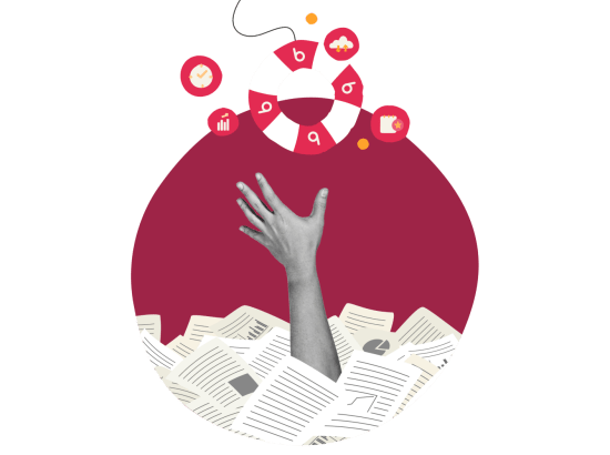 hand reaching out from a sea of papers, with lifebuoy and icons representing support and organization, overwhelmed by paperwork with a rescue lifebuoy above