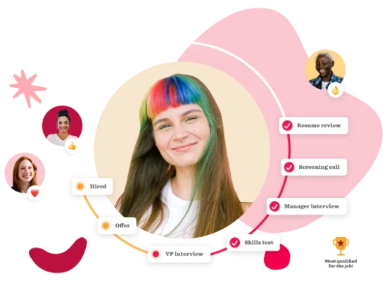 job application process, colorful candidate smiling with steps highlighted