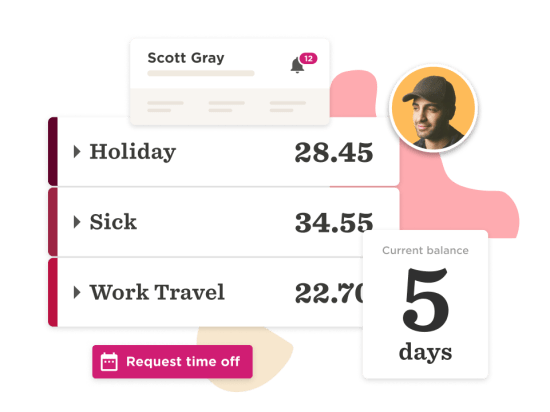 Scott Gray's time-off balance displaying Holiday, Sick, and Work Travel days with a request button, Current balance of 5 days off.