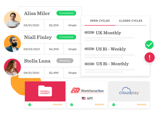 payroll management interface with users' statuses and payment cycles, completed and pending tasks with financial details