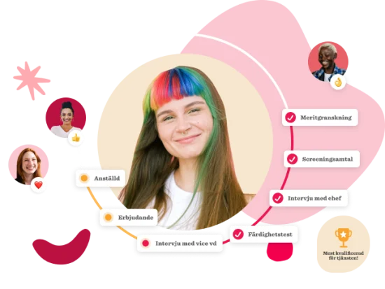 Colorful-haired woman smiles, surrounded by interview process icons and labels, reflecting job recruitment dynamics. , job_recruitment, interview_process