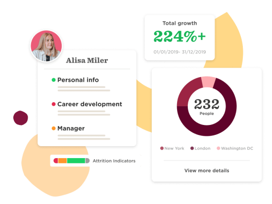Alisa Miller profile with growth data, career development indicators, and employee distribution by city. 224% growth, Employee statistics with attrition indicators, infographic style presentation, and vibrant design elements.