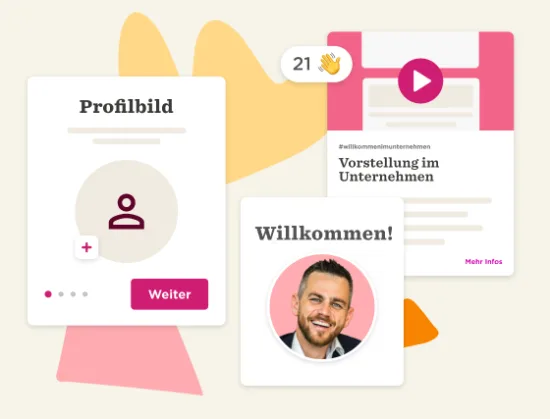 Profilbild, Willkommen! Video introduction graphic with user engagement statistics and colorful design elements.
