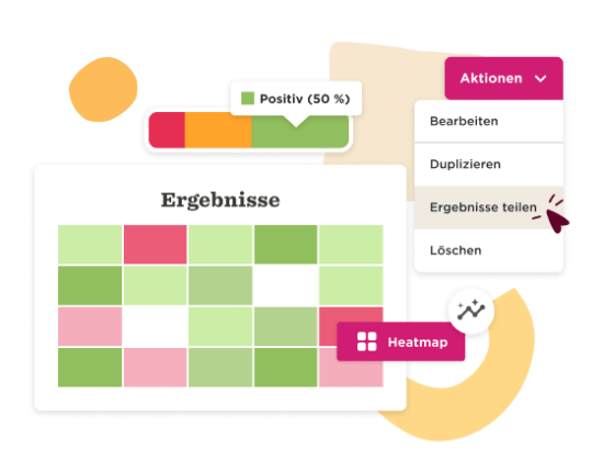 Ergebnisse table with green and red cells, action menu for sharing, and visual heatmap indicator. Insights representation. Ergebnisse, Heatmap