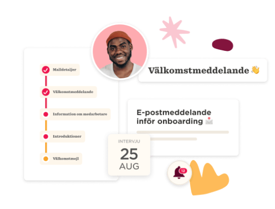 Välkomstmeddelande med checklistor för onboarding, innehållande datum och medarbetarinformation., onboarding, checklist