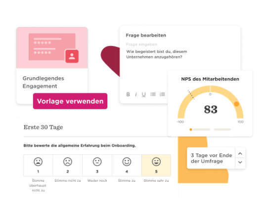 Onboarding survey interface with NPS score, text input fields, and emoji rating scale. Elements in a modern layout. Vorlage verwenden, NPS des Mitarbeitenden
