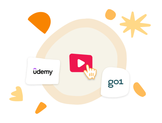 video button, Udemy and Go1 logos with playful shapes in a vibrant, creative background