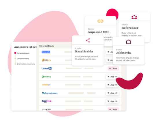 job posting interface with various job listing options and features like career page, reference building, and custom URLs, visual elements highlight job advertisement channels and tools for employers