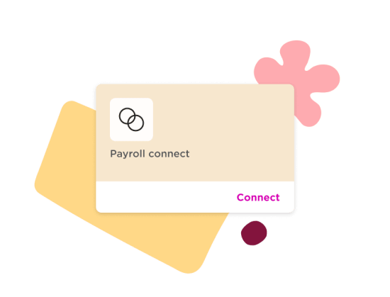 Payroll connect card with icons on colorful background, featuring 'Connect' button in vibrant pink., Payroll connect card, Connect button in pink