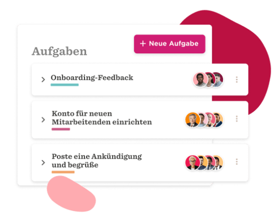 Aufgabenübersicht mit drei To-Do-Elementen und Profilbildern in einer modernen Benutzeroberfläche., To-Do-Liste mit Aufgaben für Mitarbeiter-Management und Onboarding.