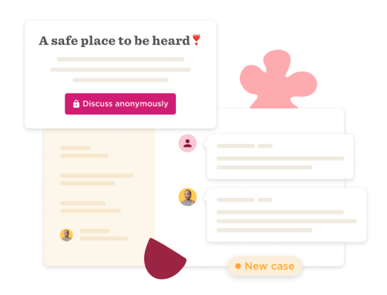safe place to be heard, discuss anonymously, message interface, user icons, new case notification, supportive online community