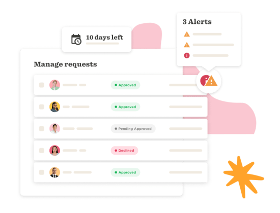 manage requests, status indicators for approvals, pending, and declines with alerts on deadlines and issues
