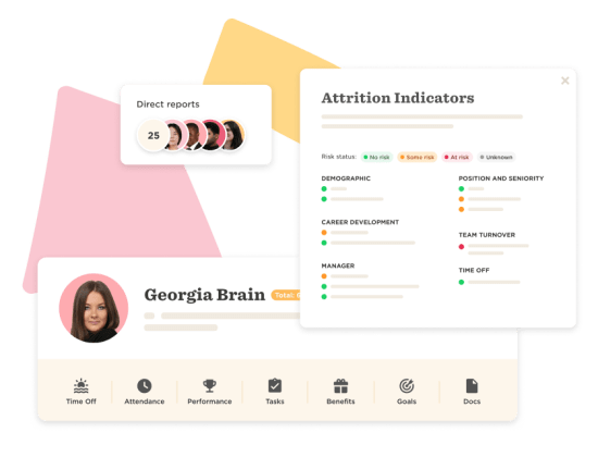 Georgia Brain's profile with metrics, attrition indicators, and report stats including color-coded risk assessments. , employee dashboard, attrition analysis