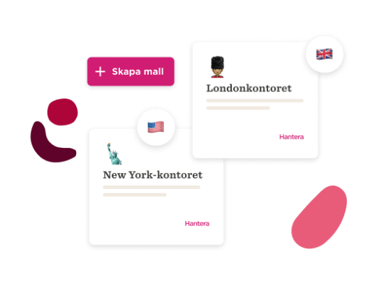 Skapa mall, New York and London office cards with flags and icons for office management.