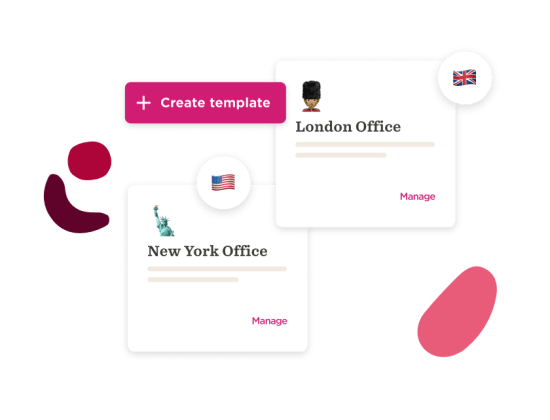 create template, New York and London office cards with icons and manage options displayed