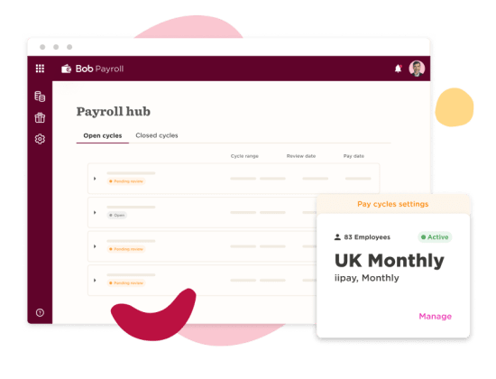 payroll hub interface displaying open cycles, employee count, and pay cycle settings for UK monthly payroll, employee management software dashboard