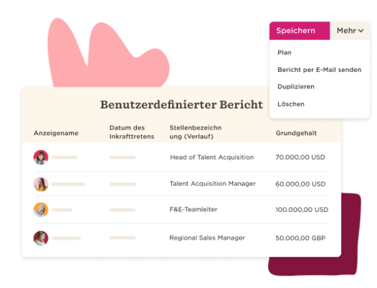 Benutzerdefinierter Bericht mit Stellenangeboten und Gehältern, inklusive Optionen zum Speichern und Versenden., Stellenangebote, Gehaltsübersicht