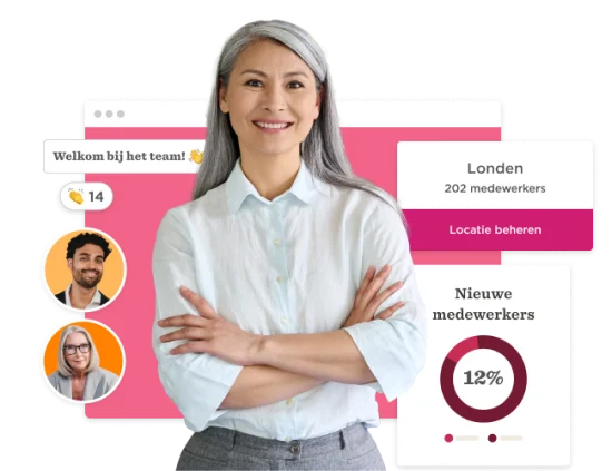 team member with gray hair smiling, digital interface with employee stats, welcoming message, and location details, employee engagement, workplace statistics