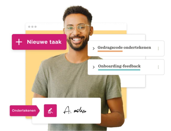 man smiling with glasses, digital task management interface