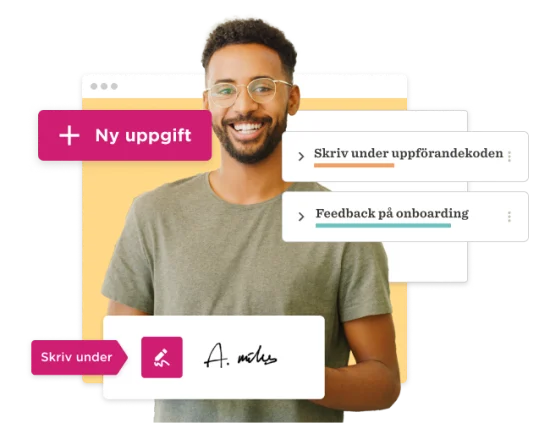 man smiling with glasses holding a digital signature icon, task lists on screen in the background, vibrant color scheme, digital signature task onboarding feedback