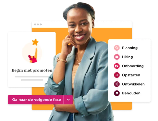 vrouw met een glimlach en een blazer, presentatie van stappen in een proces voor promotie en onboarding, promotie en onboarding proces visualisatie