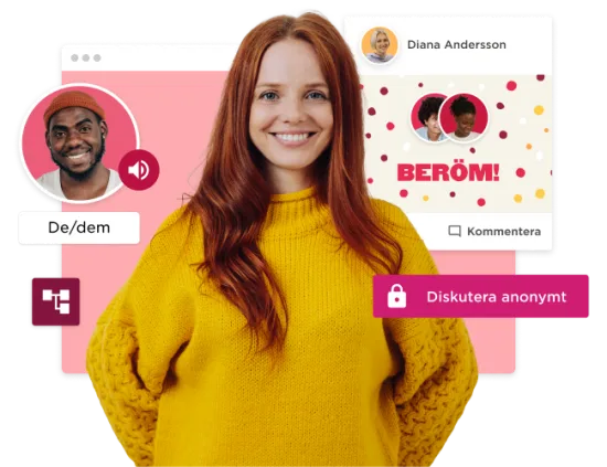 confident woman in yellow sweater promoting anonymous discussion with chat features and community engagement, engagement features for online discussions