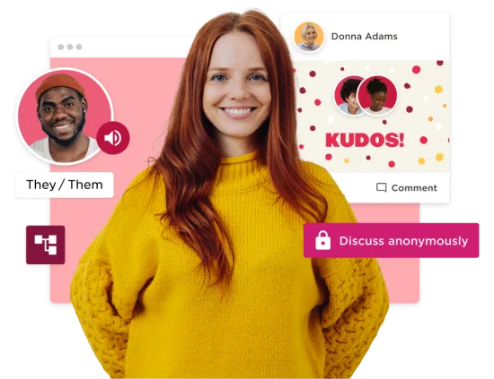 smiling woman in yellow sweater, digital interface with discussions and recognition elements