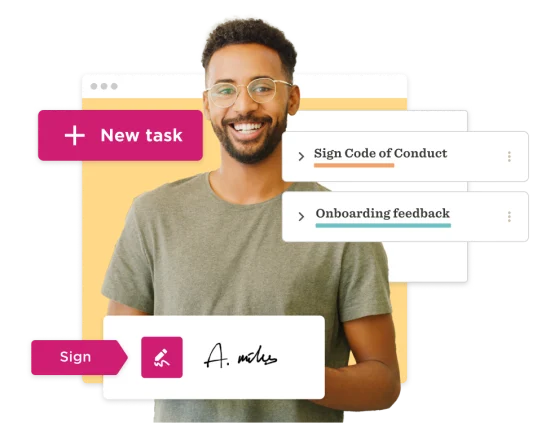 smiling man with glasses holding a digital signature document, tasks for signing including code of conduct and feedback
