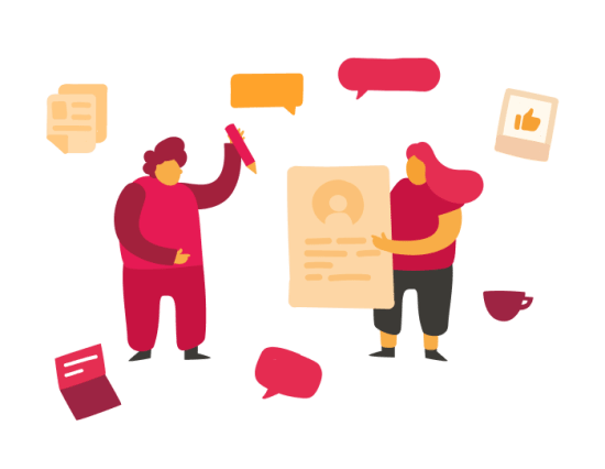 illustration of two people discussing, one holding a document, surrounded by speech bubbles and a coffee cup, colorful teamwork and communication concept