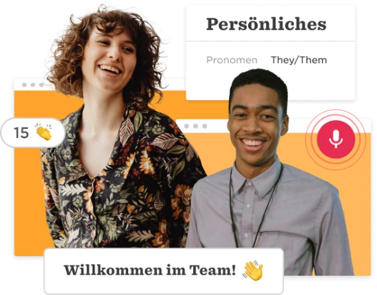 Personen lachen, präsentieren ihre Pronomen 'They/Them'; bunte Hintergrundgrafik, herzliche Willkommensbotschaft. person_laughing, team_welcome