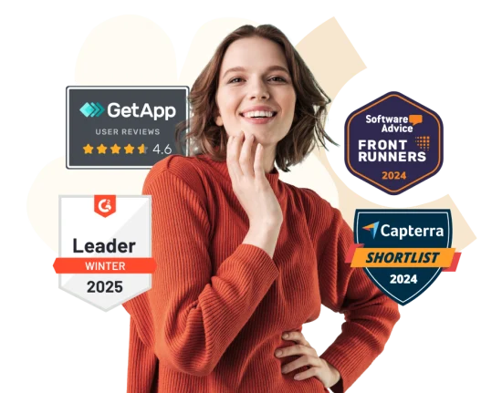 woman smiling in a red sweater showcasing award badges from GetApp, G2, Software Advice, and Capterra, awards, user reviews