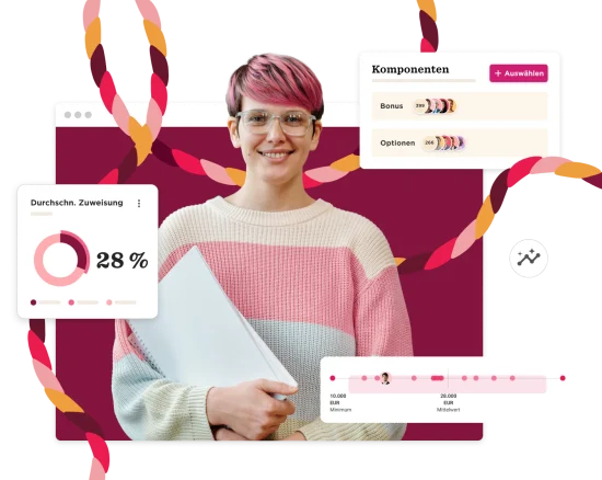 person with pink hair and glasses holding a folder next to colorful graphs and data visualizations, data visualization and person analysis
