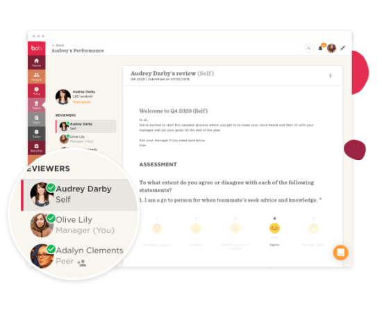 Audrey Darby's self-review interface for Q4 2020, featuring viewers and assessment questions. Performance evaluation tool., self-review, performance-evaluation