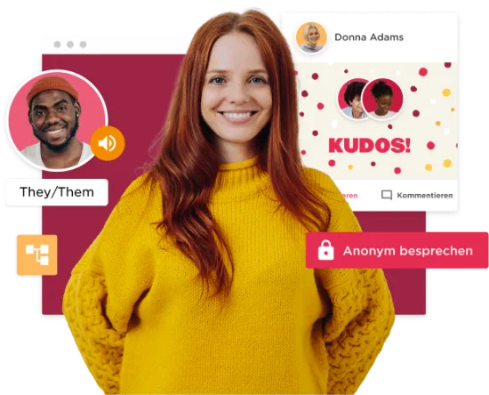 smiling woman in a yellow sweater with digital interface elements displaying audio features and social interaction, diverse digital platform promoting inclusivity and communication