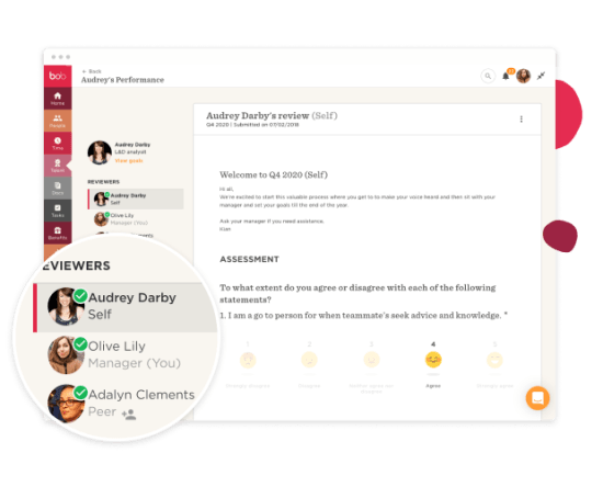 Audrey Darby's self-review interface for Q4 2020, featuring viewers and assessment questions. Performance evaluation tool., self-review, performance-evaluation