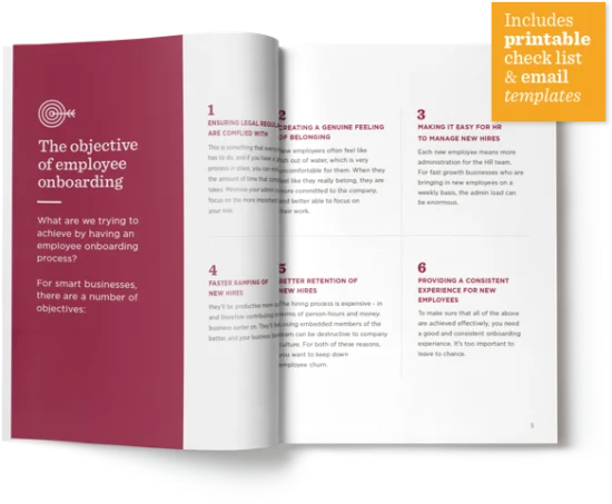 employee onboarding objectives booklet, includes printable checklists and email templates