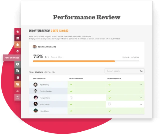 performance review dashboard, team participants progress and assessments overview