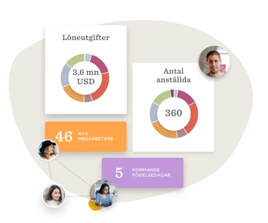 Löneutgifter 3,6 mn USD, 360 anställda, 46 nya medarbetare, 5 kommande födelsedagar, och teambilder, data visualization, employee statistics