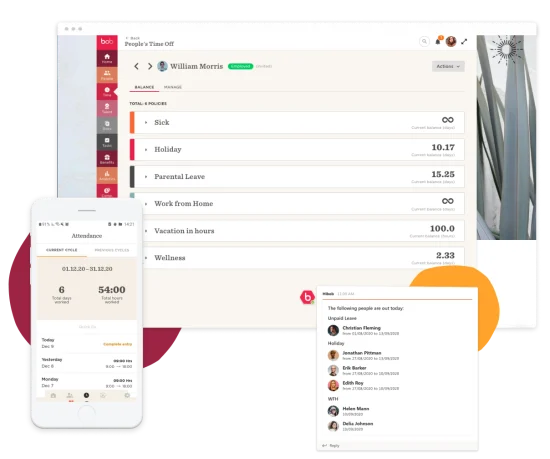 bob interface showing employee time-off details and attendance tracking on phone. HR management tools for leave policies.