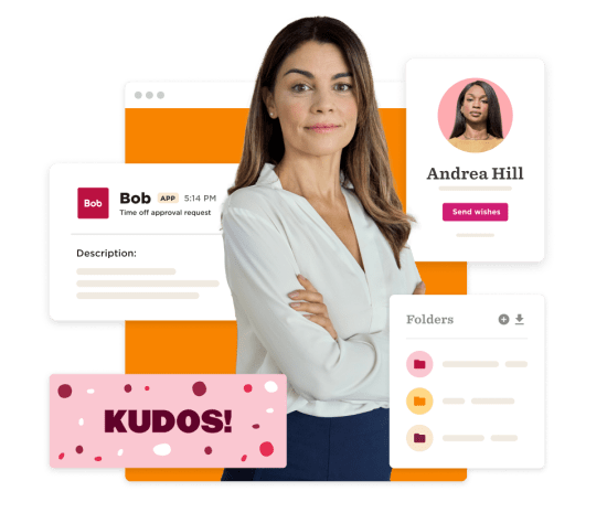 Bob's approval request; woman in white blouse symbolizes professionalism. Bright background with 'KUDOS!' enhances engagement.
