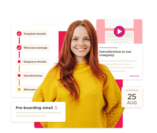 smiling woman in a yellow sweater with onboarding templates and a scheduled interview date, onboarding process visuals and details