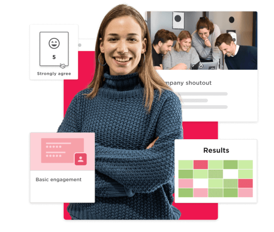 smiling woman in a cozy sweater with engagement metrics and team interaction visuals in the background, engagement metrics, team collaboration