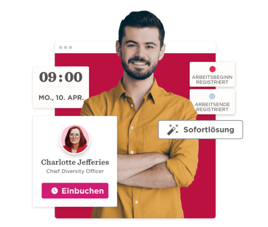 man smiling in front of a digital interface, displaying schedule and profile details, CEO profile with scheduling options highlighted