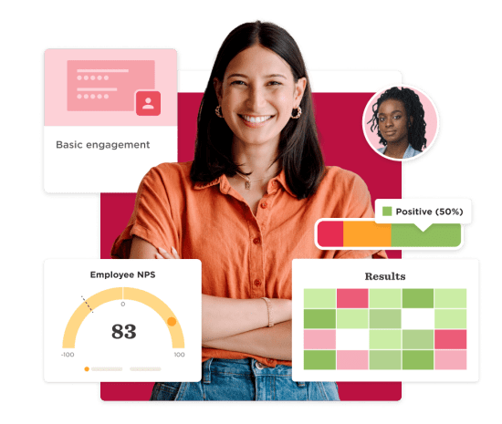 smiling woman in orange shirt with engagement metrics and feedback visuals, employee NPS gauge showing score of 83