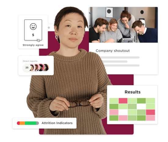 professional woman in a brown sweater with glasses, analytics dashboard showing results and attrition indicators, employee engagement metrics visualization with feedback display